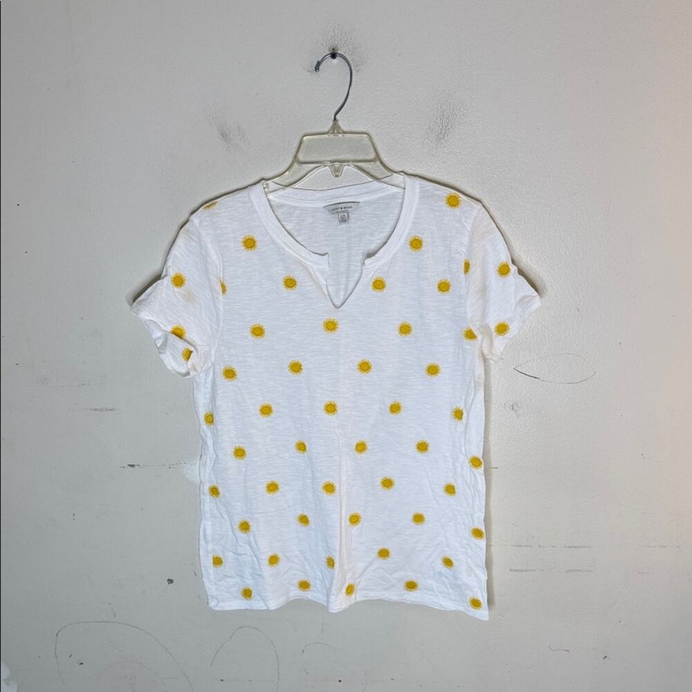 Lucky Brand White Tee Split Neck with Embroidered Yellow Flowers Size Larrge